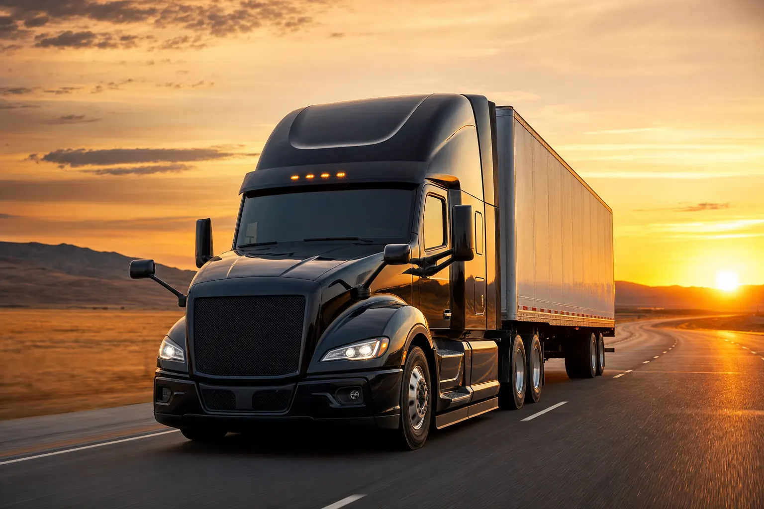 A long-haul semi-truck on the highway at sunset