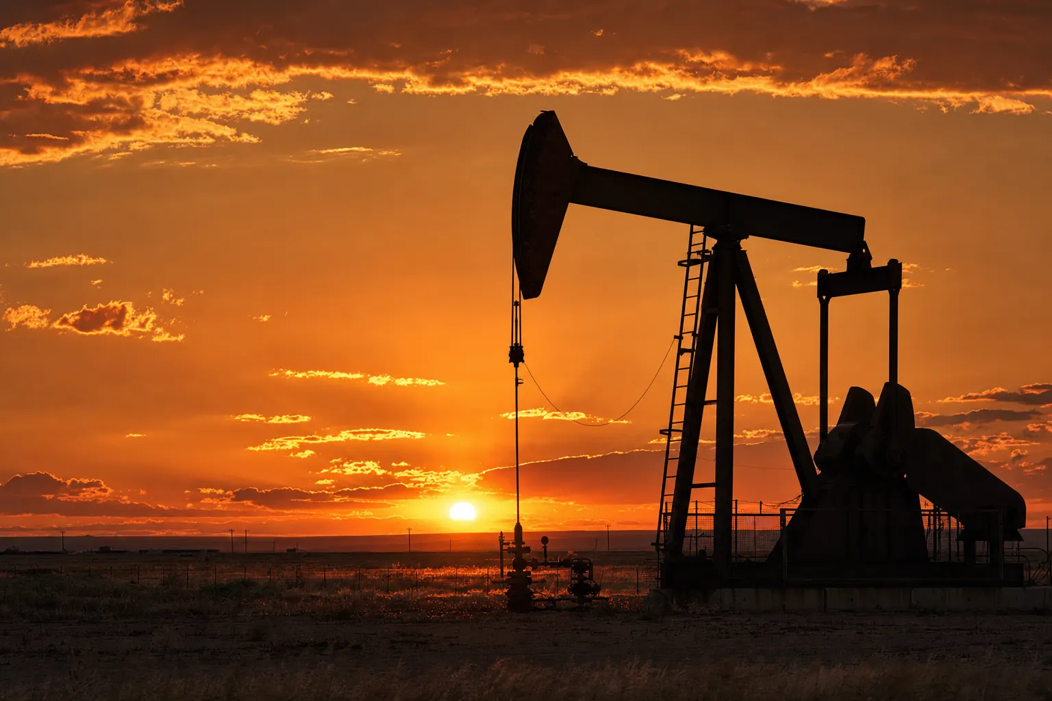 An oil pumpjack at sunset